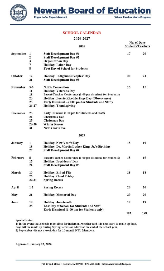 Newark Public Schools Calendar 2026-2027