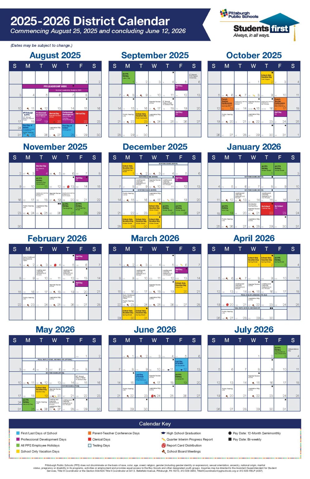 Pittsburgh Public Schools Calendar 2025-2026 | Holidays