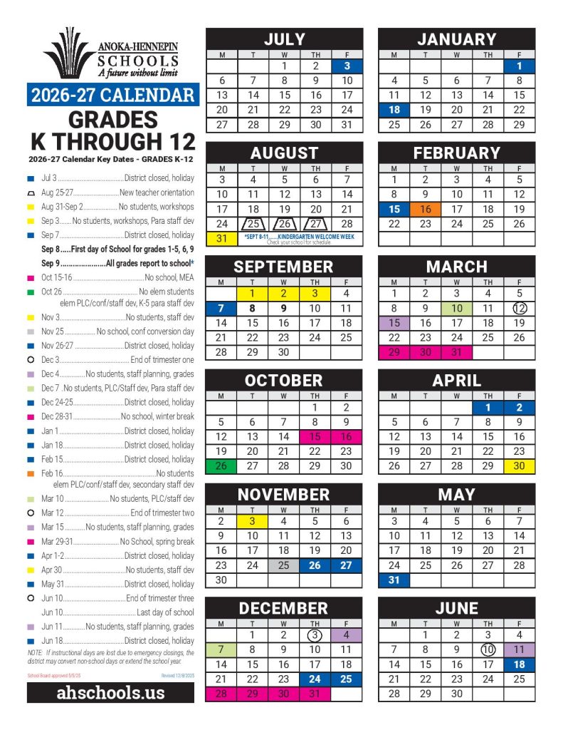 Anoka Hennepin School District Calendar 2026-2027