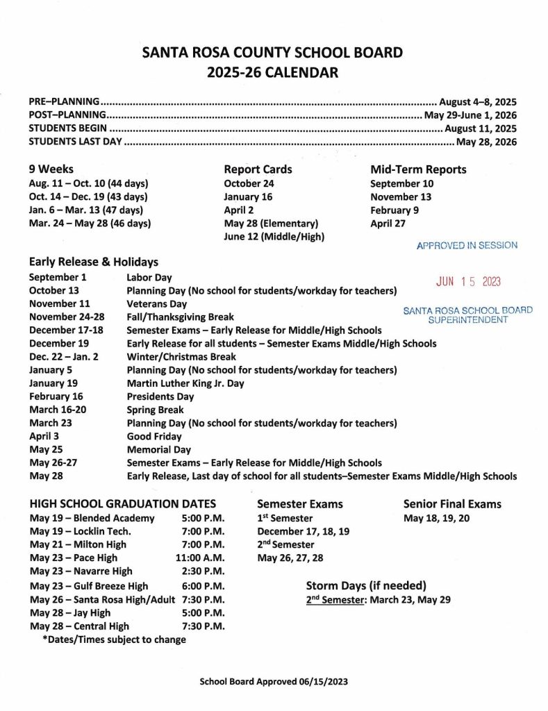 Santa Rosa County Schools Calendar 2025
