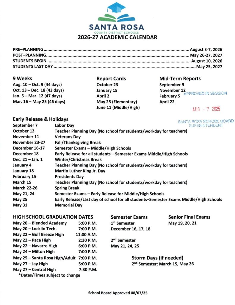 Santa Rosa County Schools Calendar 2026-2027