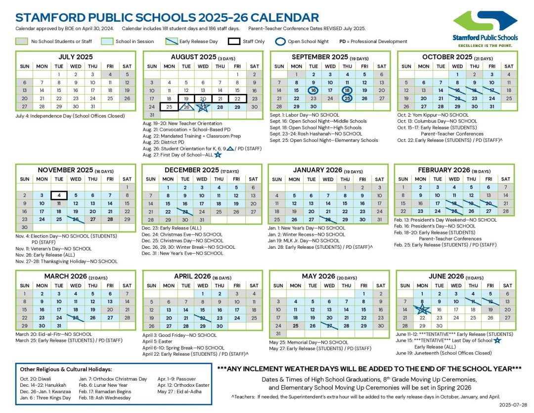 Stamford Public Schools Calendar 2025 2026 Holidays