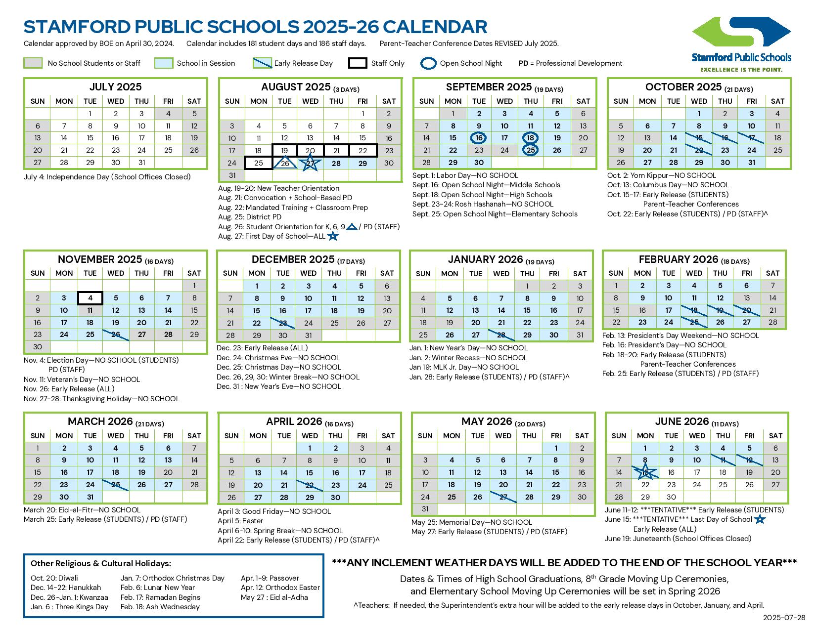 Stamford Public Schools Calendar 2025 2026 Holidays