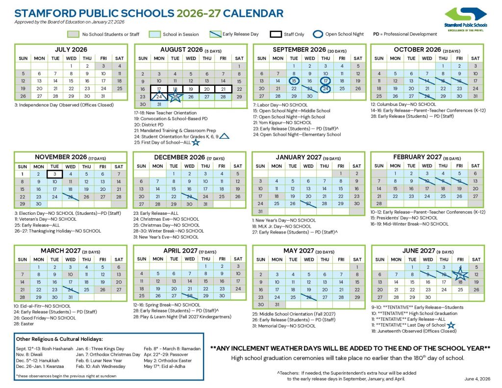 Stamford Public Schools Calendar 2026-2027