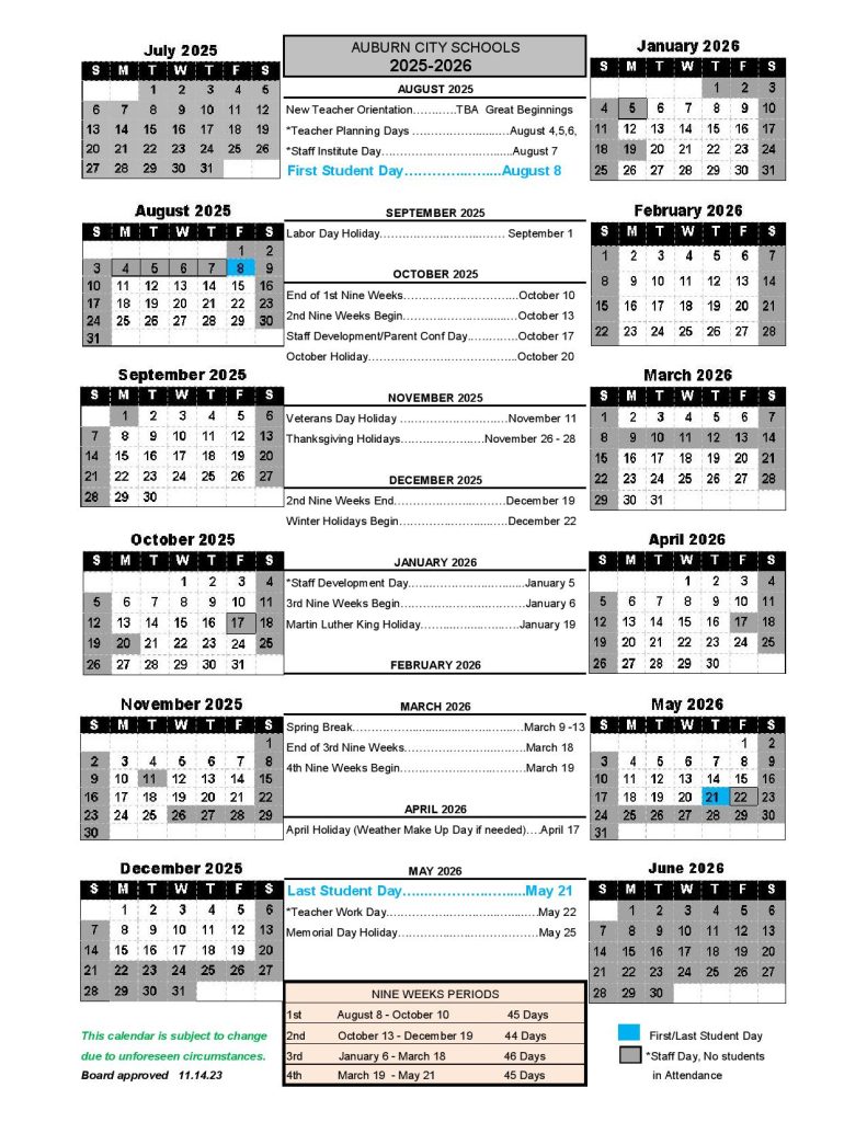 Auburn City Schools Calendar 2025