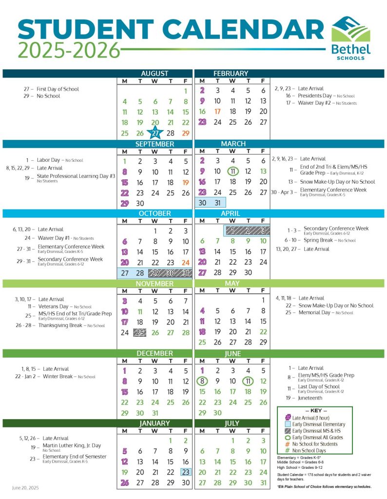 Bethel School District Calendar 2025