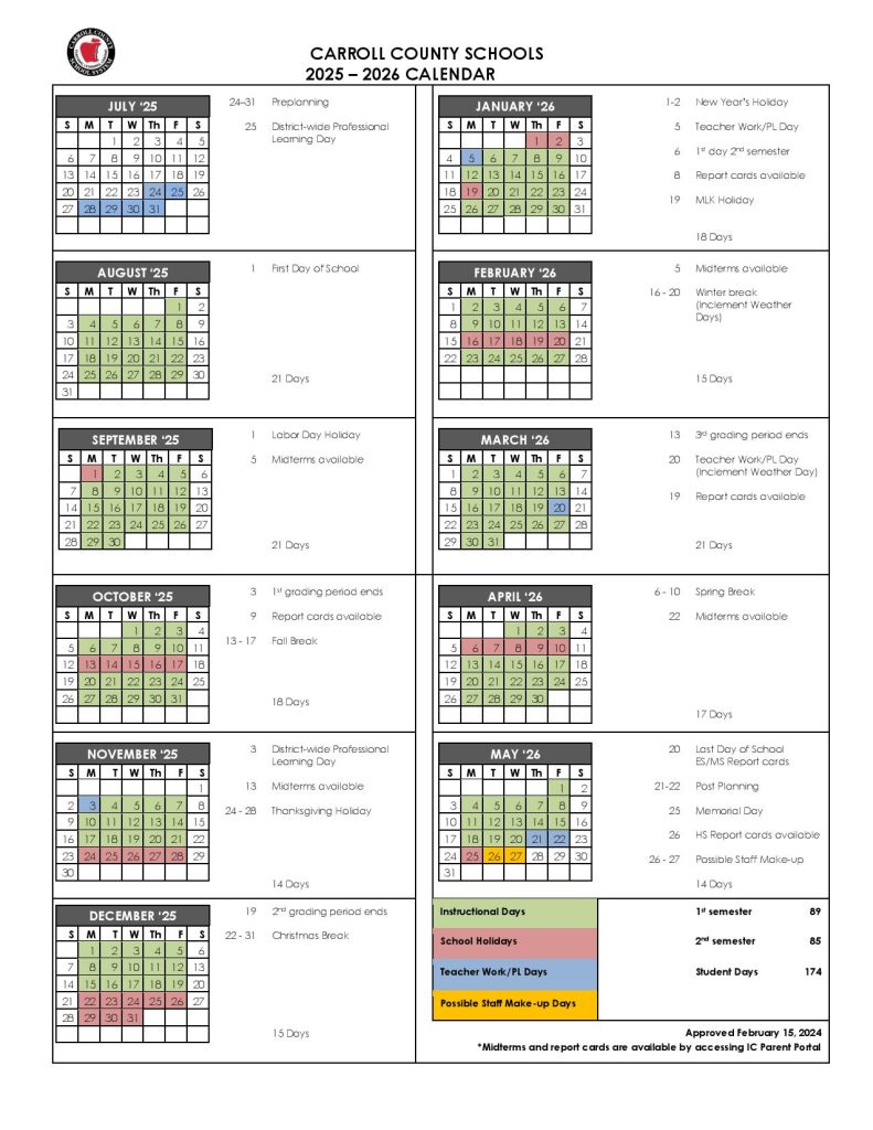 Carroll County School District Calendar 2025