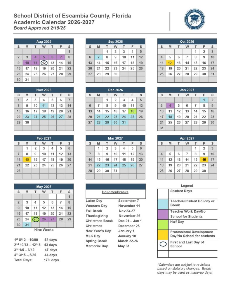 Escambia County Schools Calendar 2026-2027