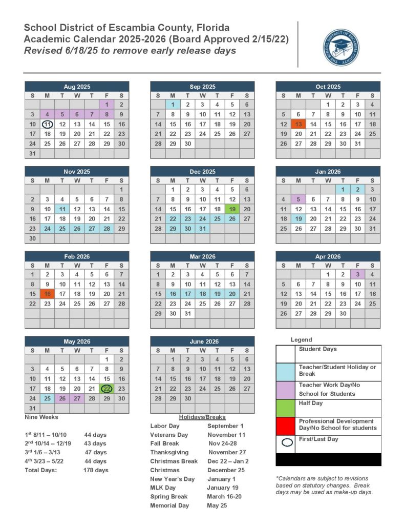 Escambia County Schools Calendar 2025