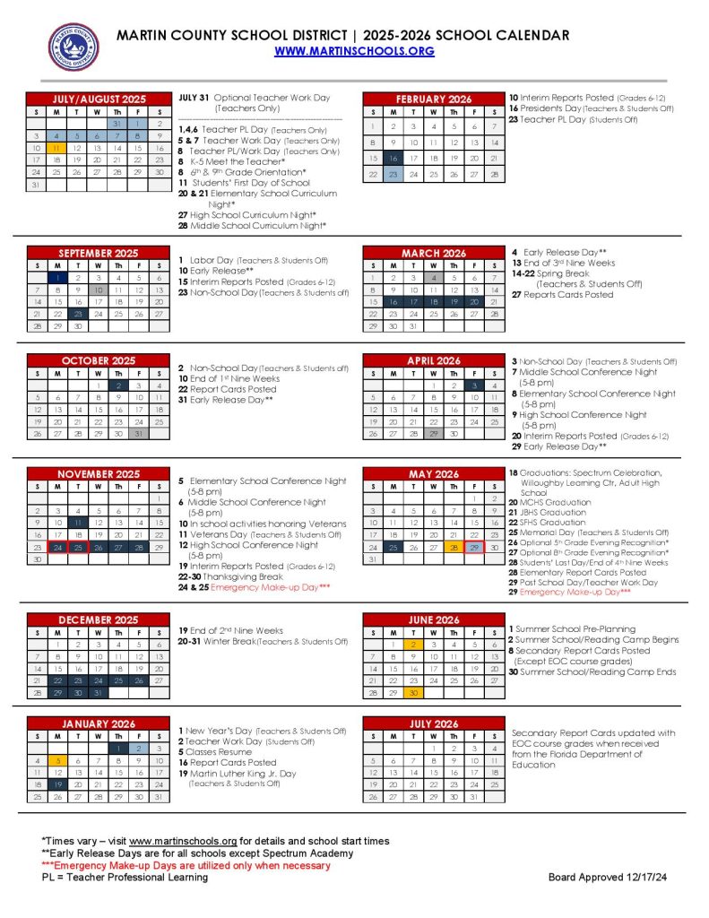 Martin County Schools Calendar 2025