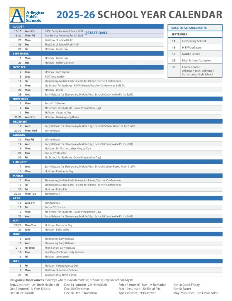 Arlington VA Public Schools Calendar 2025