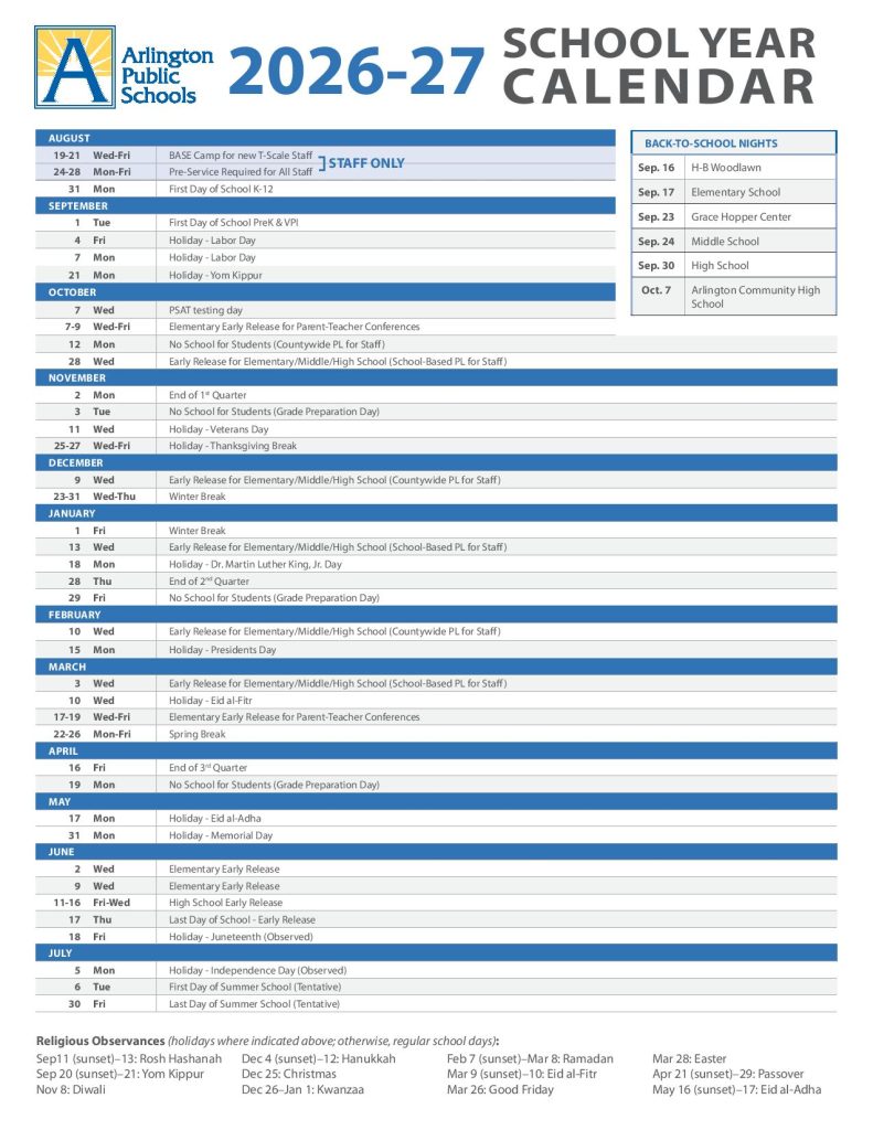 Arlington VA Public Schools Calendar 2026-2027