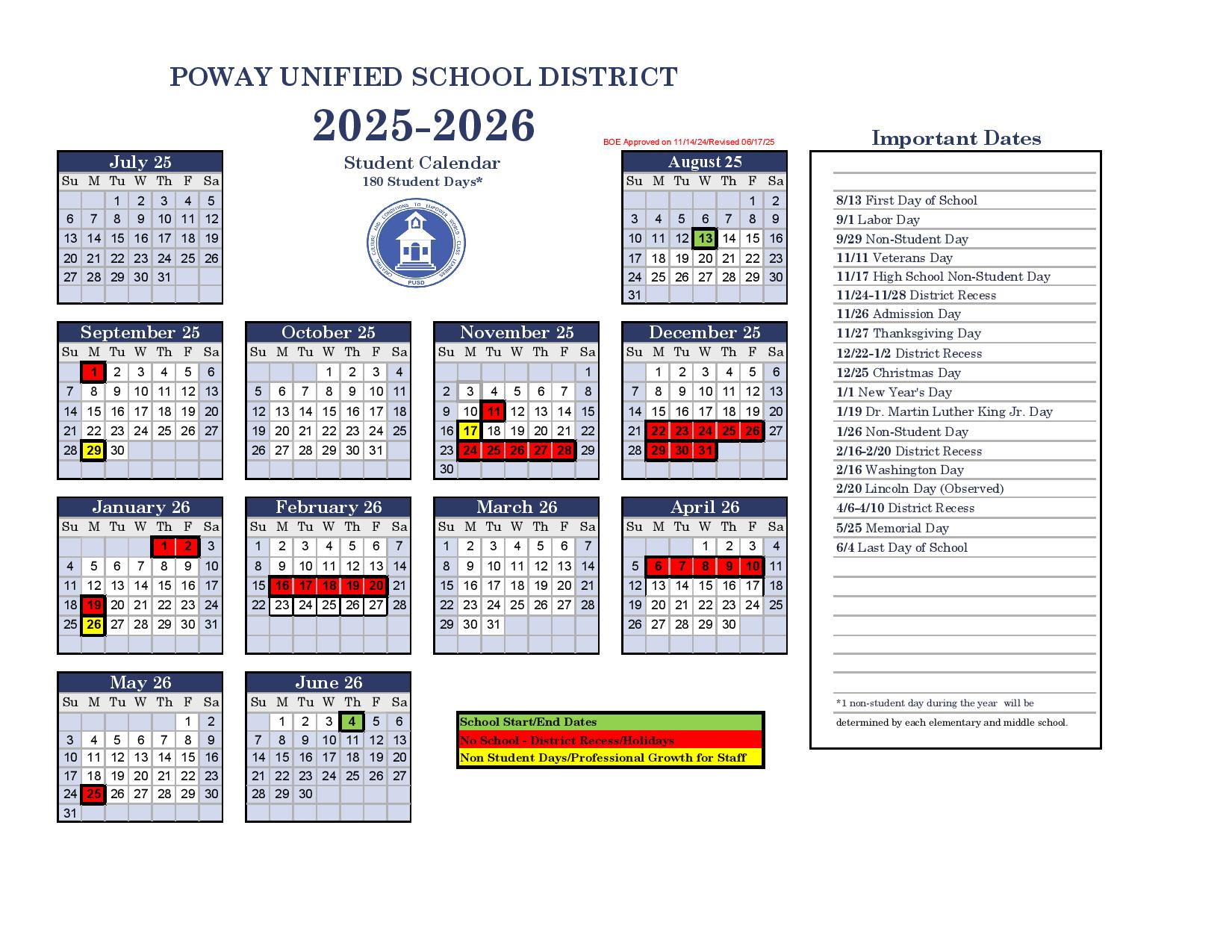 Poway Unified School District Calendar 2025 2026 Download