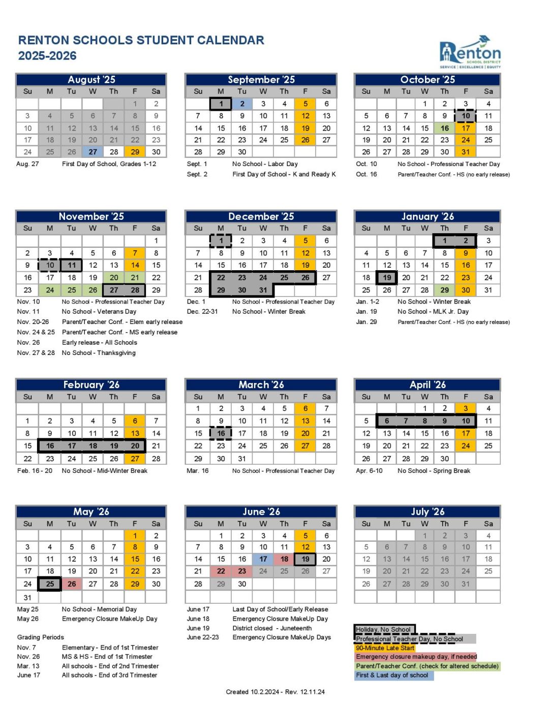 Renton School District Calendar 2025 2026 Holidays