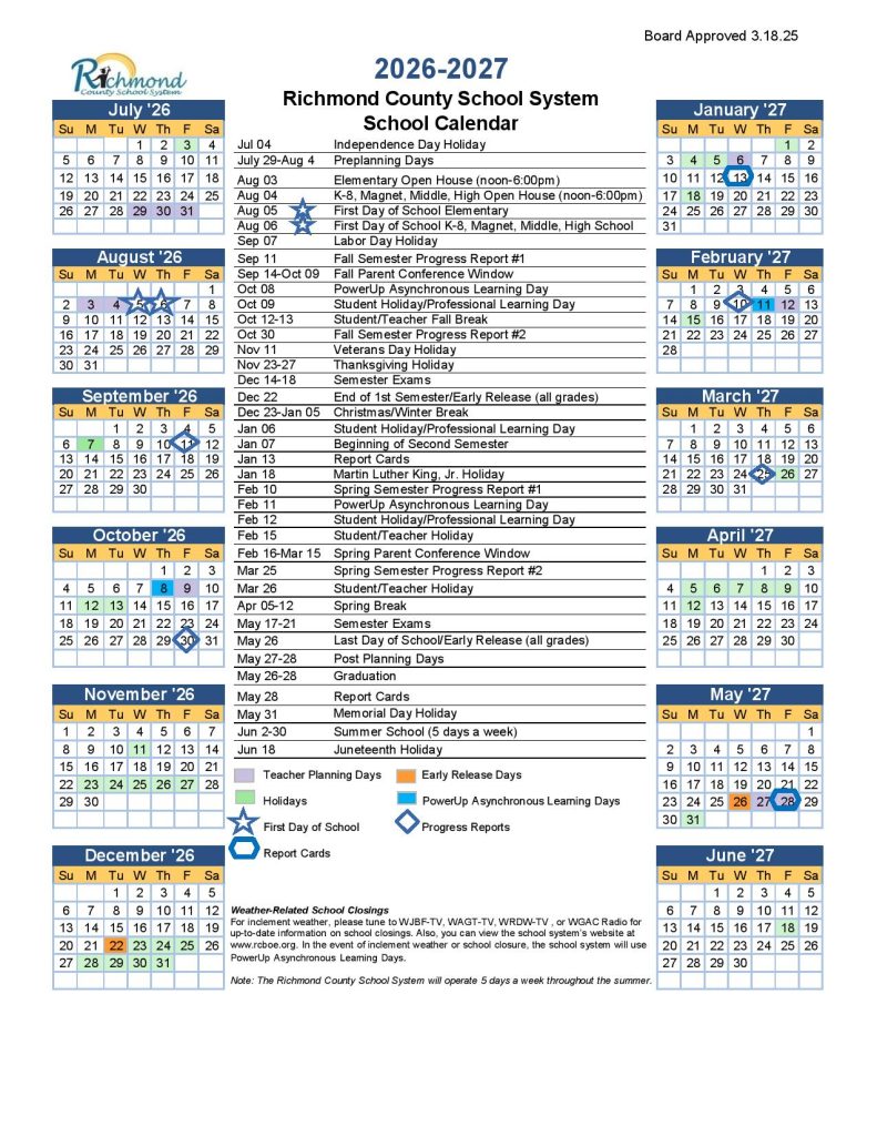 Richmond County School Calendar 2026-2027