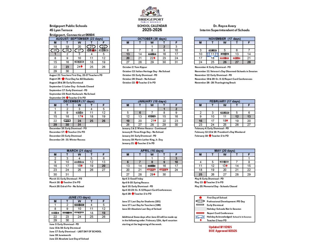 Bridgeport Public Schools Calendar 2025