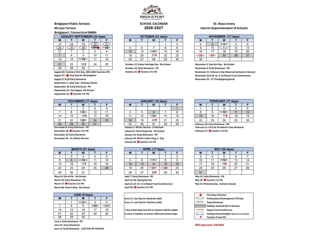 Bridgeport Public Schools Calendar 2026-2027