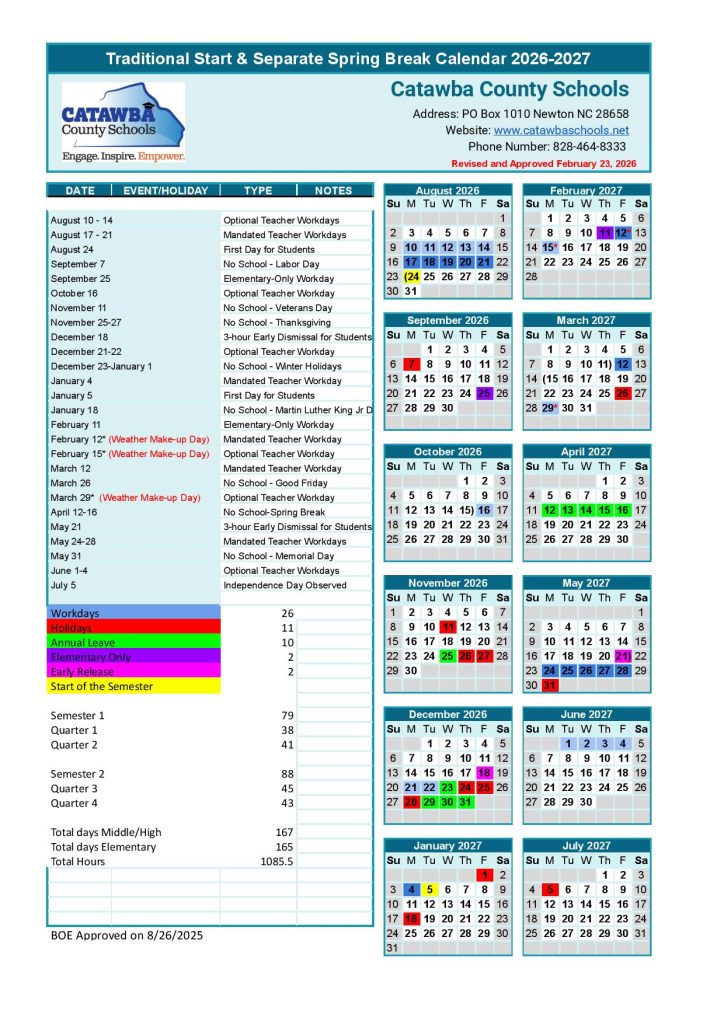Catawba County Schools Calendar 2026-2027