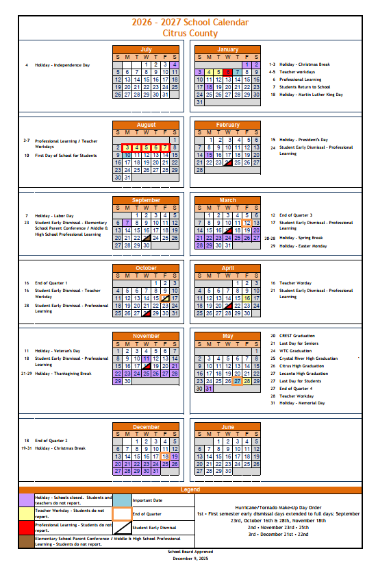Citrus County Schools Calendar 2026-2027