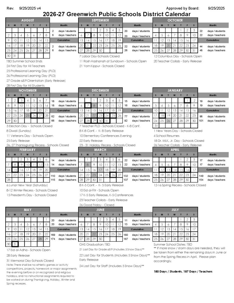 Greenwich Public Schools Calendar 2026-2027
