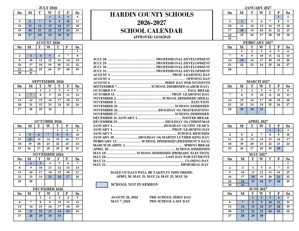 Hardin County Schools Calendar 2026-2027