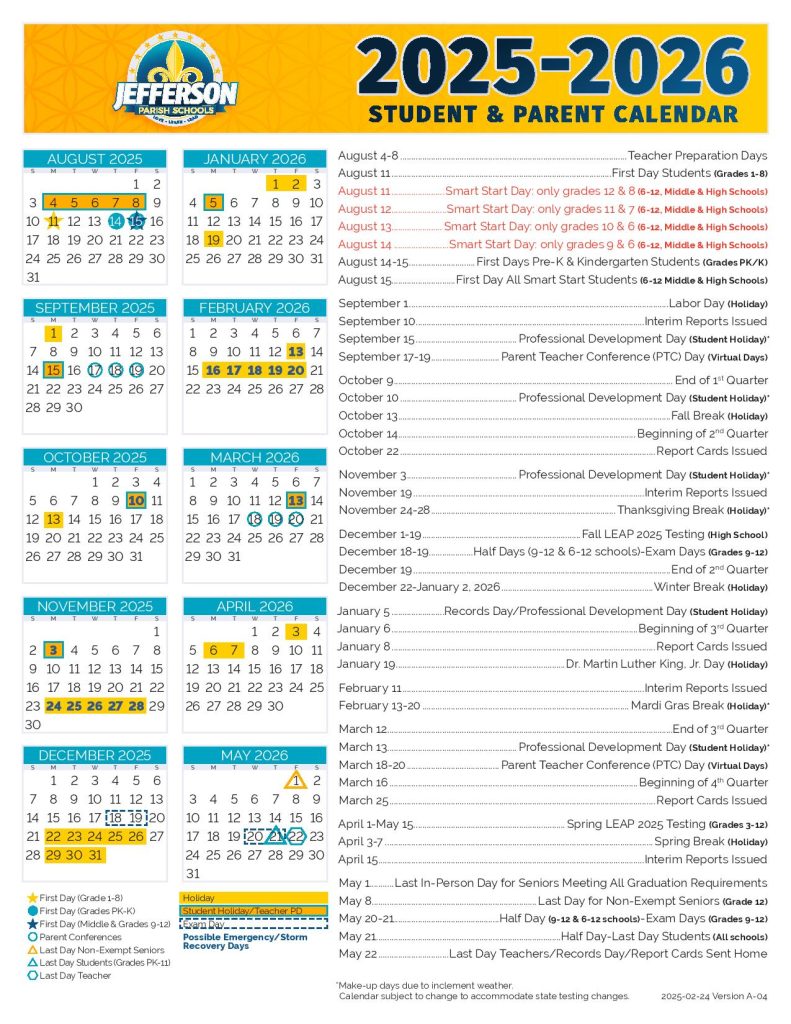 Jefferson Parish Schools Calendar 2025