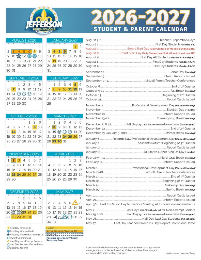 Jefferson Parish Schools Calendar 2026-2027