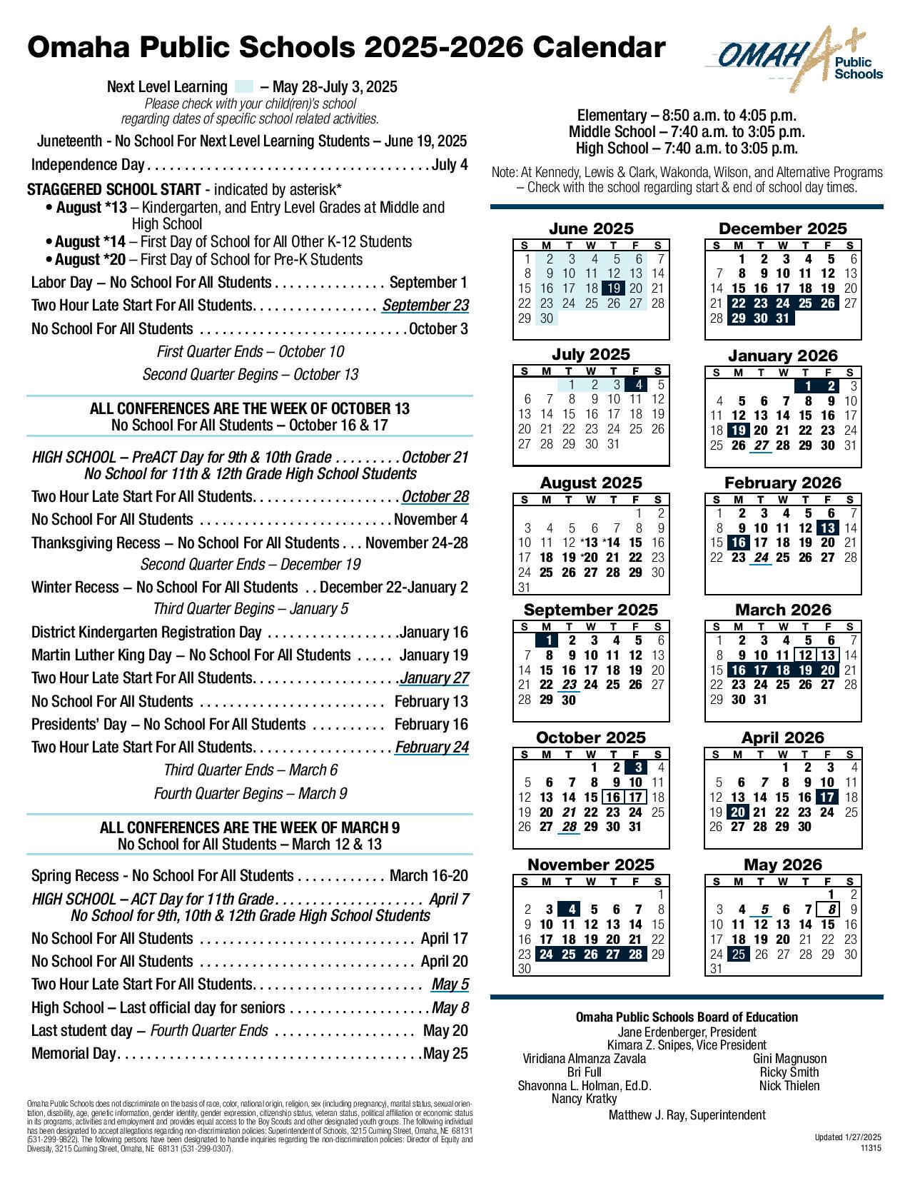 Omaha Public Schools Calendar 2025 2026 Holidays