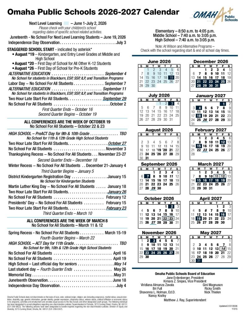 Omaha Public Schools Calendar 2026-2027