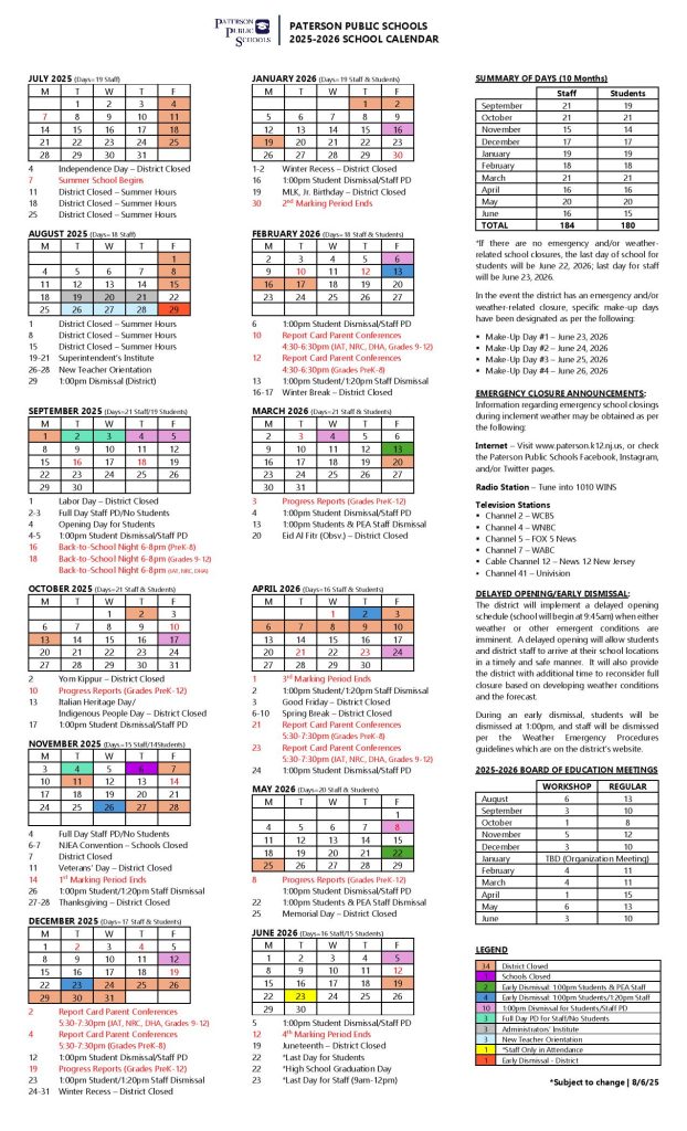 Paterson Public Schools Calendar 2025-2026