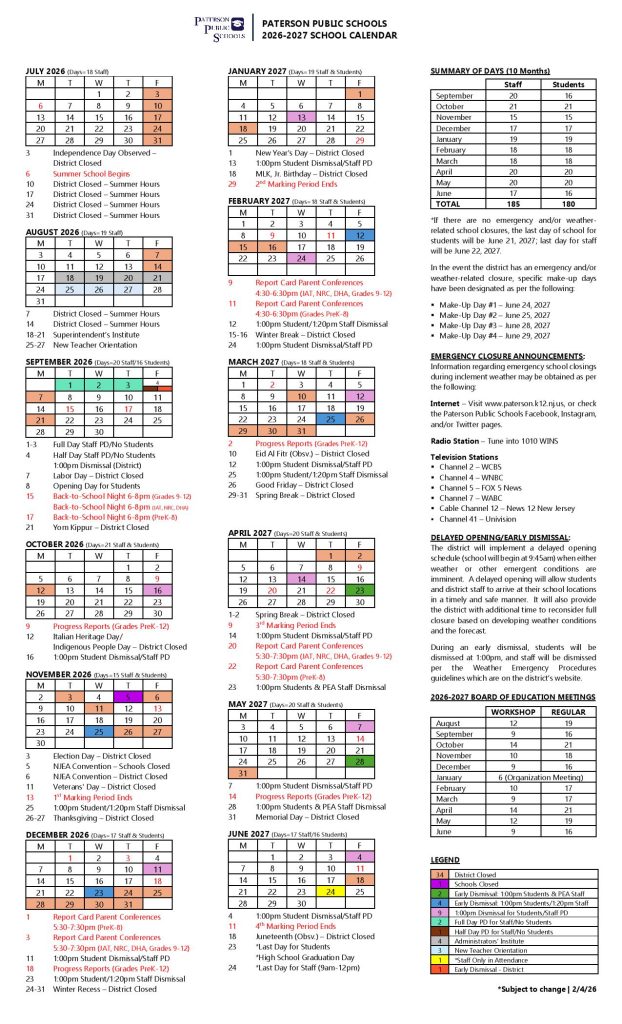 Paterson Public Schools Calendar 2026-2027