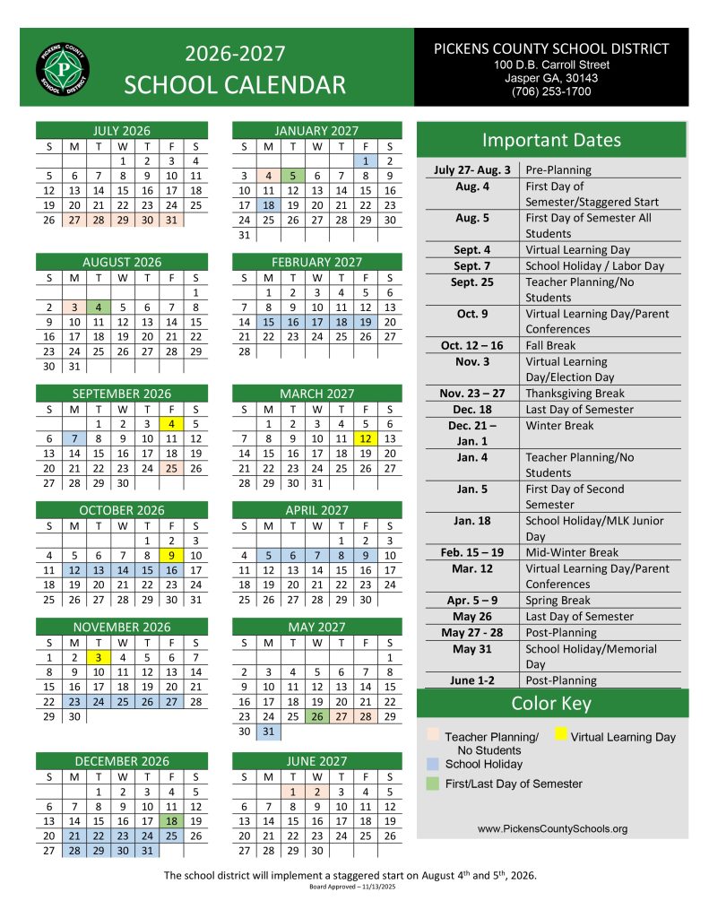 Pickens County Schools Calendar 2026-2027