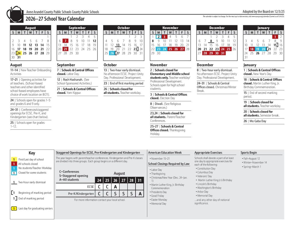 Anne Arundel County Public Schools Calendar 2026-2027