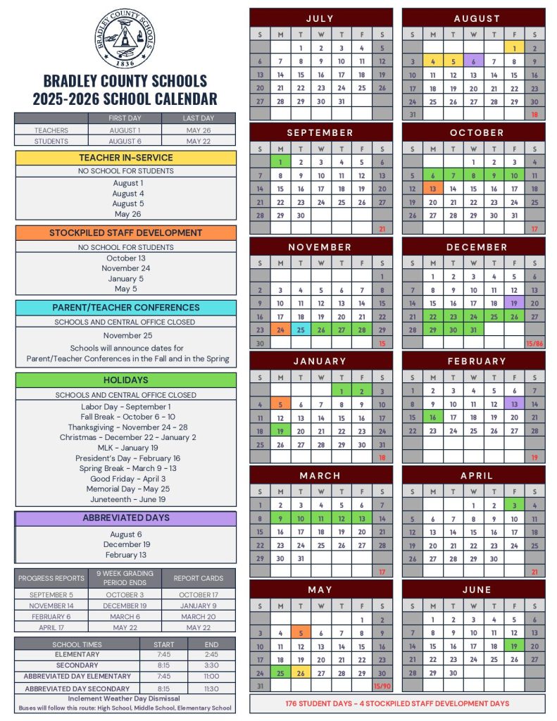 Bradley County Schools Calendar 2025