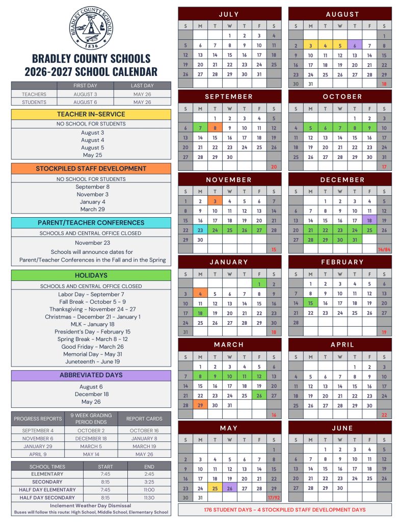 Bradley County Schools Calendar 2026-2027