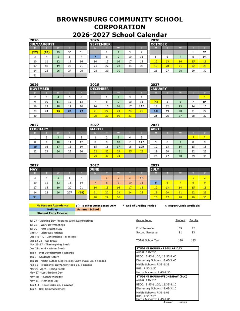Brownsburg Schools Calendar 2026-2027