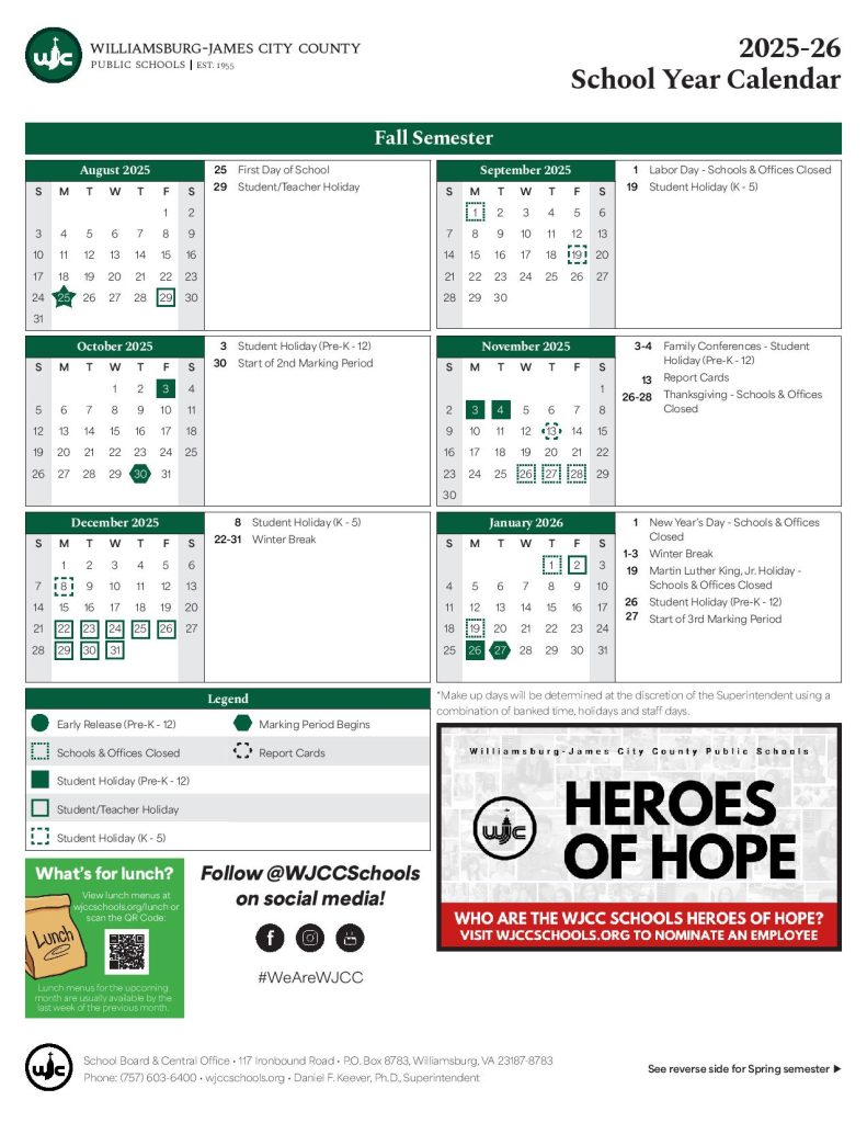 Williamsburg James City County Schools Calendar 2025-2026