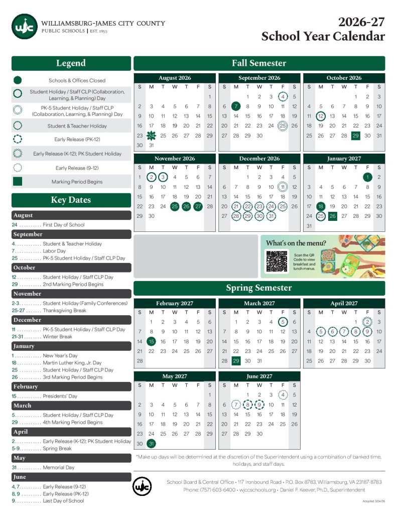 Williamsburg James City County Schools Calendar 2026-2027
