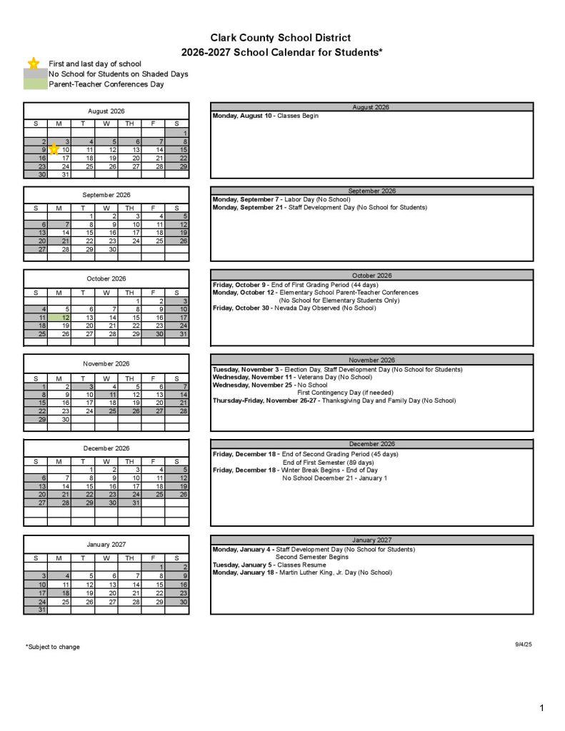 Clark County Schools Calendar 2026-2027