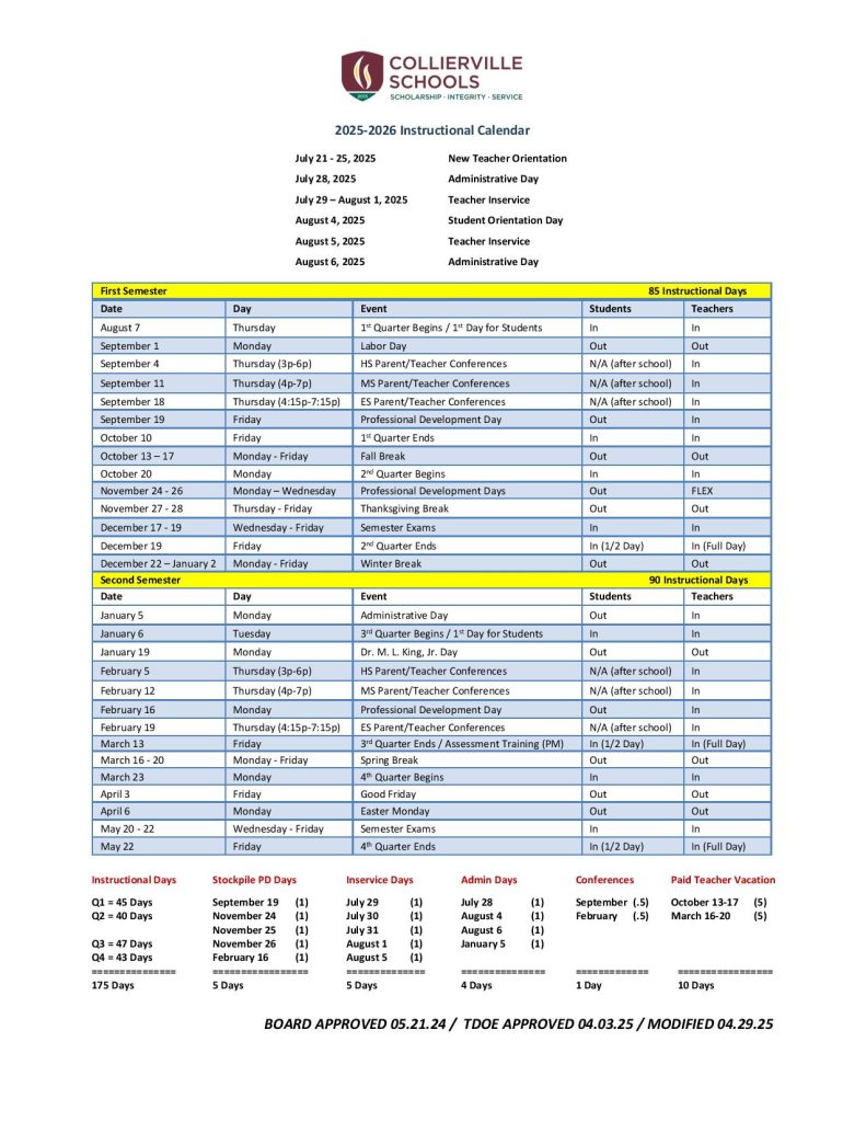 Collierville Schools Calendar 2026