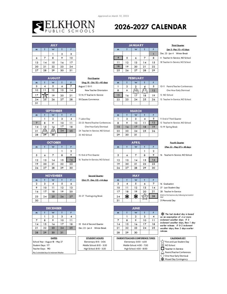 Elkhorn Public Schools Calendar 2026