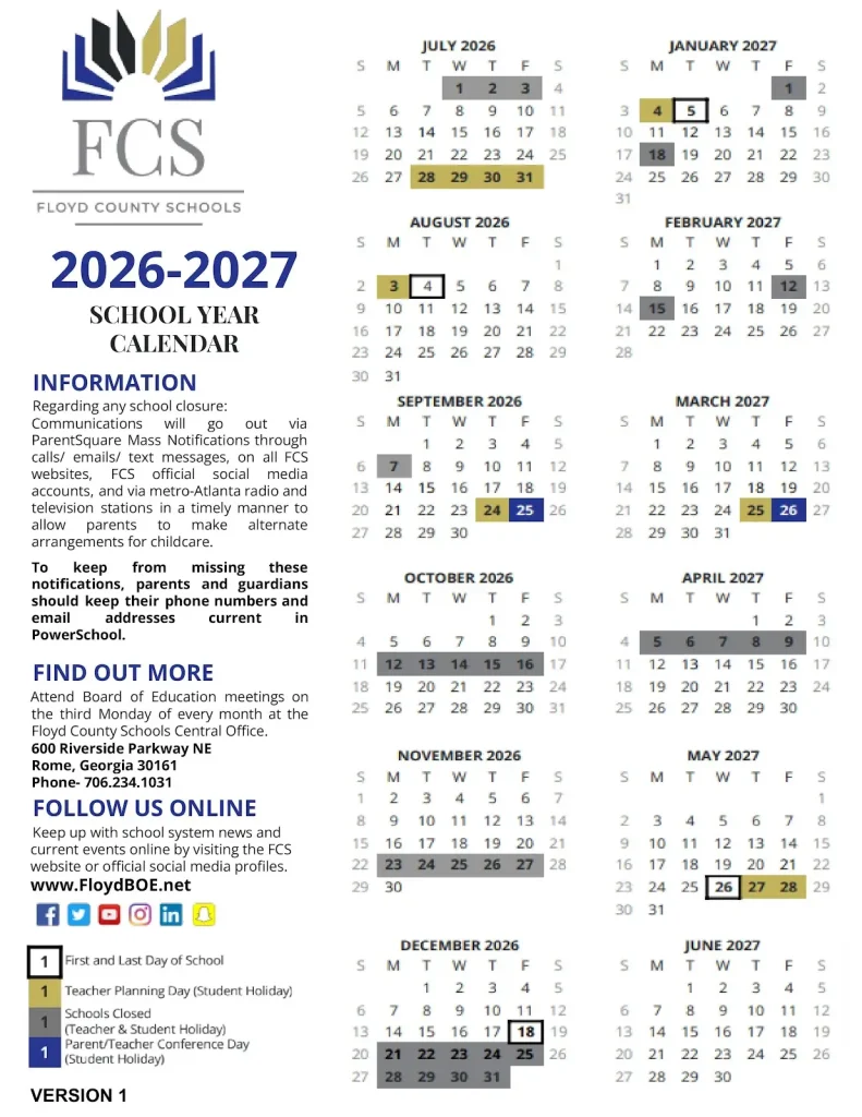 Floyd County School District Calendar 2026