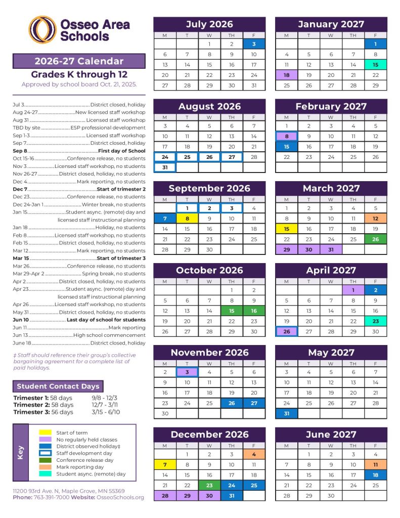 Osseo School District Calendar 2026