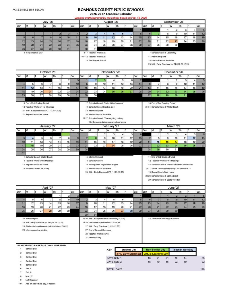 Roanoke County Schools Calendar 2026