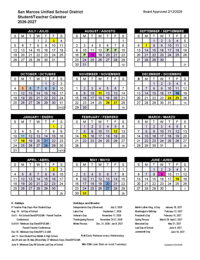 San Marcos Unified School District Calendar 2026