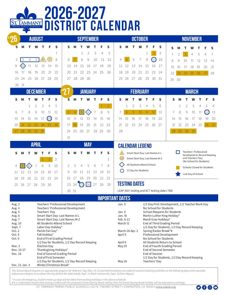 St Tammany Parish Schools Calendar 2026-2027
