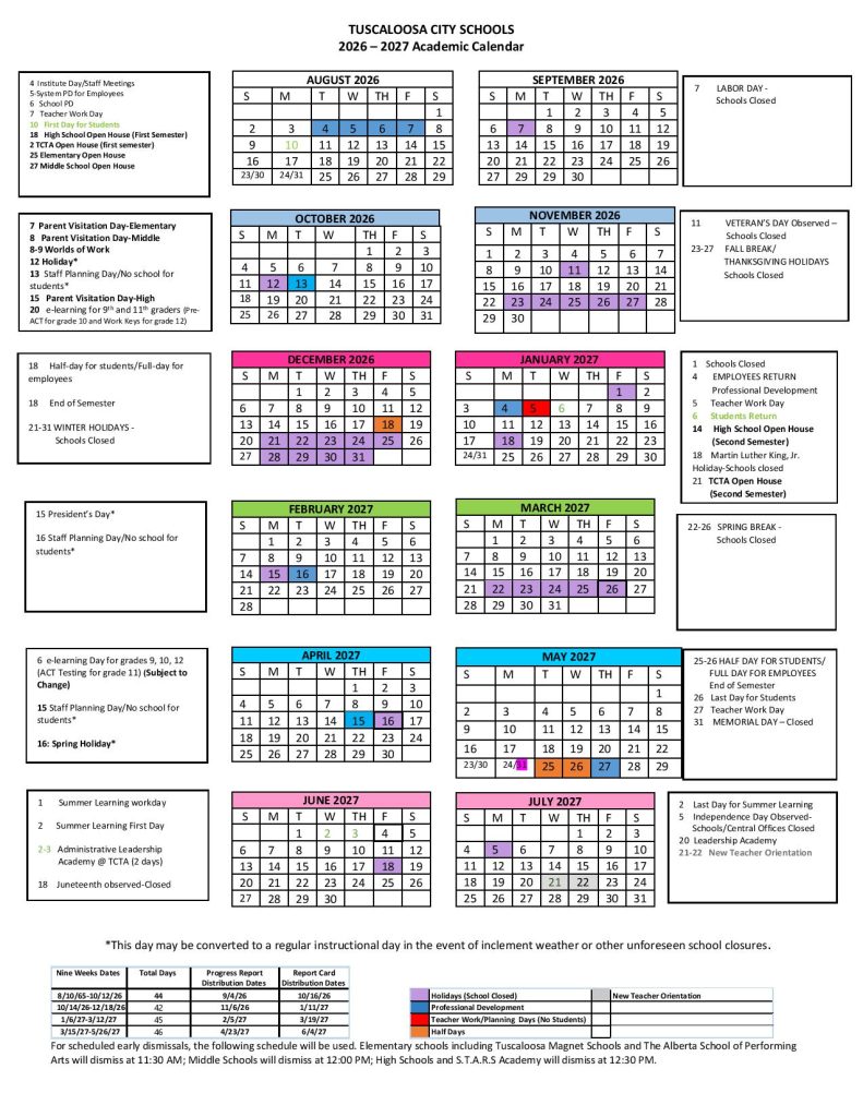 Tuscaloosa City Schools Calendar 2026-27
