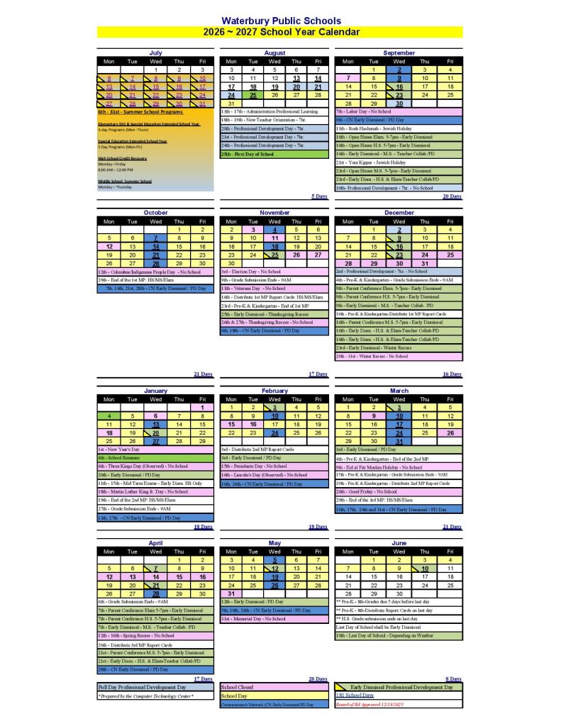 Waterbury Public Schools Calendar 2026-27