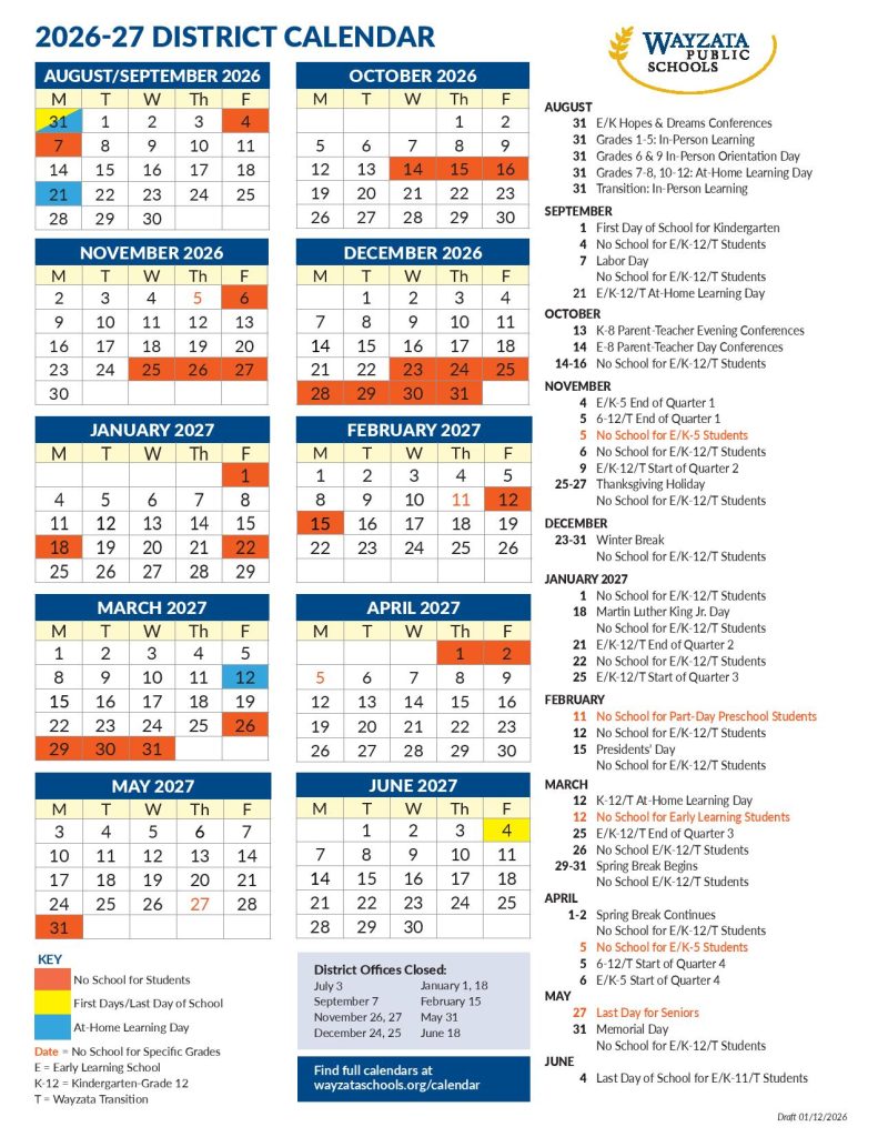 Wayzata Public Schools Calendar 2026-27