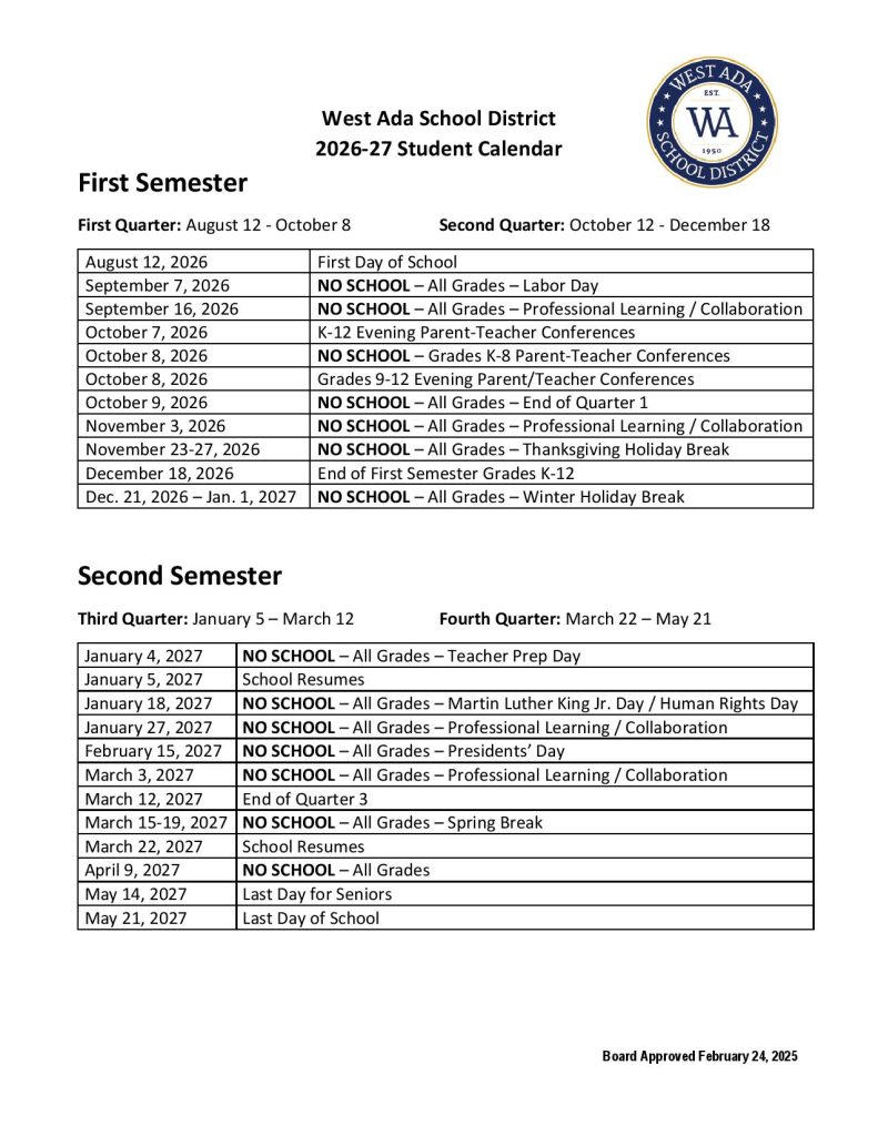 West Ada School District Calendar 2026-2027